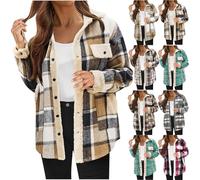 TURWXGSO Women's Flannel Shacket Plaid Long Sleeve Shirt Jacket With Pockets Oversized Check Coat Casual Collared Button Down Shackets Boyfriend Blouses Tops Y2K Outerwear UK