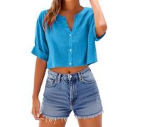 TURWXGSO Womens Going Out Tops Cotton Linen Cropped Top V Neck Button Down Tshirts Solid Short Sleeve T Shirts Summer Trendy Relaxed Fit Blouses Lightweight Beach Holiday Tees