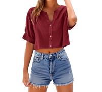 TURWXGSO Womens Going Out Tops Cotton Linen Cropped Top V Neck Button Down Tshirts Solid Short Sleeve T Shirts Summer Trendy Relaxed Fit Blouses Lightweight Beach Holiday Tees