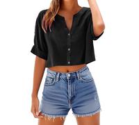 TURWXGSO Womens Going Out Tops Cotton Linen Cropped Top V Neck Button Down Tshirts Solid Short Sleeve T Shirts Summer Trendy Relaxed Fit Blouses Lightweight Beach Holiday Tees