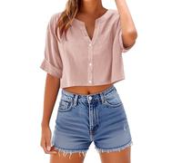 TURWXGSO Womens Going Out Tops Cotton Linen Cropped Top V Neck Button Down Tshirts Solid Short Sleeve T Shirts Summer Trendy Relaxed Fit Blouses Lightweight Beach Holiday Tees