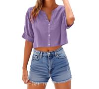 TURWXGSO Womens Going Out Tops Cotton Linen Cropped Top V Neck Button Down Tshirts Solid Short Sleeve T Shirts Summer Trendy Relaxed Fit Blouses Lightweight Beach Holiday Tees