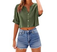 TURWXGSO Womens Going Out Tops Cotton Linen Cropped Top V Neck Button Down Tshirts Solid Short Sleeve T Shirts Summer Trendy Relaxed Fit Blouses Lightweight Beach Holiday Tees