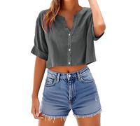 TURWXGSO Womens Going Out Tops Cotton Linen Cropped Top V Neck Button Down Tshirts Solid Short Sleeve T Shirts Summer Trendy Relaxed Fit Blouses Lightweight Beach Holiday Tees