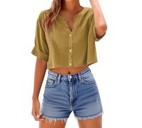 TURWXGSO Womens Going Out Tops Cotton Linen Cropped Top V Neck Button Down Tshirts Solid Short Sleeve T Shirts Summer Trendy Relaxed Fit Blouses Lightweight Beach Holiday Tees