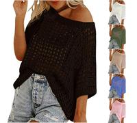 TURWXGSO Women's Jumpers Hollow Out Crochet Knit Sweater Half Sleeve Drop Shoulder Pullover Shirts Scoop Neck Tshirts Lightweight Knitwear Sexy Going Out Clothes Outerwear