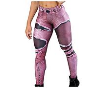 TURWXGSO Women's Leggings Casual High Waisted Legging Pants Broken Hole Fake Two Pieces Imitation Denim Legging Trousers Slim Fitting Stretchy Gym Workout Yoga Pants