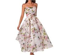 TURWXGSO Women's Long Dress Strapless Sleeveless Off The Shoulder Dresses Floral Botanical Printed Dress Maxi Dress A-Line High Waist Chiffon Cocktail Dress Ruffle Party Club Dress