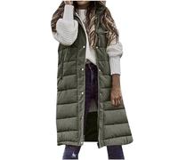 TURWXGSO Womens Long Gilets Hooded Quilted Gilet Vest Ladies Body Warmer Button Windproof Zip Up Women Quilted Jackets Mid Length Padded Gilet Sleeveless Autumn Winter Warm Outerwear