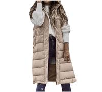 TURWXGSO Womens Long Gilets Hooded Quilted Gilet Vest Ladies Body Warmer Button Windproof Zip Up Women Quilted Jackets Mid Length Padded Gilet Sleeveless Autumn Winter Warm Outerwear