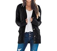 TURWXGSO Women's Long Sleeve Cable Knit Chunky Cardigan Casual Open Front Cover Up Cardigans Button Down V Neck Lightweight Outwear Jumpers with Pockets Solid Color UK Size 8-16