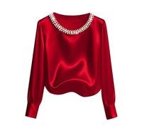 TURWXGSO Womens Long Sleeve Satin Blouse Round Neck Pearl Embellished Shirts Elegant Gorgeous Casual Tops Loose Fit Soft Silk Business Pullover Holiday Party Dressy Crop Blouse