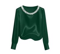 TURWXGSO Womens Long Sleeve Satin Blouse Round Neck Pearl Embellished Shirts Elegant Gorgeous Casual Tops Loose Fit Soft Silk Business Pullover Holiday Party Dressy Crop Blouse