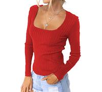 TURWXGSO Womens Long Sleeve Scoop Neck Ribbed Knit Fitted Casual Tops Basic T-Shirt Y2K Slim Fit Tee Tops Sexy Soft Comfy Striped Solid Color Pullover Tunic Tops