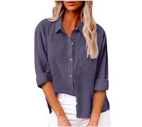 TURWXGSO Womens Long Sleeve Tops Cotton and Linen Casual Lapel Collar Tops Solid Color Classic Fit Summer Shirt Comfotable Dressy Button Down Tshirts Cosy Breathable T Shirt S-5XL