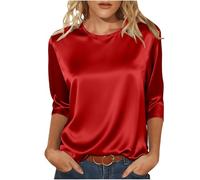 TURWXGSO Womens Satin Blouses UK Round Neck 3/4 Sleeve Tops Oversized Tshirt Solid Color Pullover Summer Casual Loose Tunci Shirts Dressy Tees Work Office Shirt Streetwear
