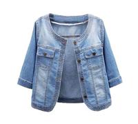 TURWXGSO Women's Soft Denim Jacket Lightweight Round Neck Shrug Jacket Coat Half Sleeve Cropped Jeans Jackets Casual Oversized Outerwear Top Basic Button Denim Jackets with Pocket UK Size 8-18