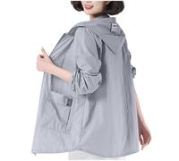 TURWXGSO Women's Solid Color Sun Protection Pocket Zip Up Hooded Jacket Coat Lightweight Windbreaker Sunscreen Raincoat Breathable Outdoor Rainwear Cover Up Top UK Size 10-22