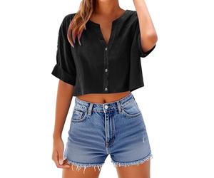 TURWXGSO Womens Summer Blouses Short Sleeve Crop Blouses Casual Cotton Linen Button Down Tops V Neck T-Shirts Loose Solid Color Tops Work Office Tunic Shirts Daily Outfit