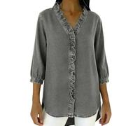 TURWXGSO Women's Summer Denim Blouse V Neck Button Down 3/4 Sleeve Shirt Ruffle Neck Side Split Jean Blouse Casual Elegant Loose Fit Tops Daily Vacation Party Tops for Ladies