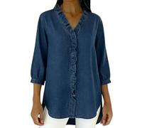 TURWXGSO Women's Summer Denim Blouse V Neck Button Down 3/4 Sleeve Shirt Ruffle Neck Side Split Jean Blouse Casual Elegant Loose Fit Tops Daily Vacation Party Tops for Ladies