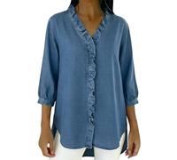 TURWXGSO Women's Summer Denim Blouse V Neck Button Down 3/4 Sleeve Shirt Ruffle Neck Side Split Jean Blouse Casual Elegant Loose Fit Tops Daily Vacation Party Tops for Ladies