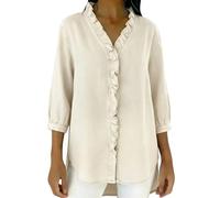 TURWXGSO Women's Summer Denim Blouse V Neck Button Down 3/4 Sleeve Shirt Ruffle Neck Side Split Jean Blouse Casual Elegant Loose Fit Tops Daily Vacation Party Tops for Ladies