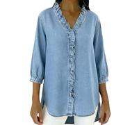 TURWXGSO Women's Summer Denim Blouse V Neck Button Down 3/4 Sleeve Shirt Ruffle Neck Side Split Jean Blouse Casual Elegant Loose Fit Tops Daily Vacation Party Tops for Ladies