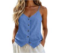TURWXGSO Women's Summer Vest Tops Cotton Linen V Neck Button Down Spaghetti Strap Cami Tops Solid Color Sleeveless Casual Tank Shirt Stylish Going Out Camisole Loungewear Blue