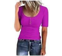 TURWXGSO Womens Tops Ribbed Knit Slim Fitted T-Shirts Solid Low Cut Pullover Y2K Crop Top Short Sleeve Button Down Tshirts Business Work Tees Ladies Going Out Blouses UK Sale