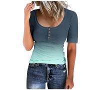 TURWXGSO Womens Tops Ribbed Knit Slim Fitted T-Shirts Solid Low Cut Pullover Y2K Crop Top Short Sleeve Button Down Tshirts Business Work Tees Ladies Going Out Blouses UK Sale