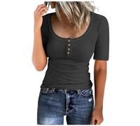 TURWXGSO Womens Tops Ribbed Knit Slim Fitted T-Shirts Solid Low Cut Pullover Y2K Crop Top Short Sleeve Button Down Tshirts Business Work Tees Ladies Going Out Blouses UK Sale