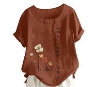 TURWXGSO Womens Tops Round Neck Short Sleeve Dressy Blouse Casual Floral Printed Button T-Shirt Plus Size Linen Shirts Loose Stylish Top for Everyday Going Out S-5XL Sale