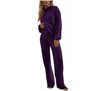 TURWXGSO Women's Two Piece Sets Long Sleeved Round Neck Hooded Knit Top Drawstring Wide Leg Long Pants Casual Comfy Knitted Sweater Sets Loose Fitting Plain Elegant Suits