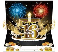 Turypaty 16th Birthday Cards Pop Up 3D Cake - Firework & Music & Blow Out Candle Light Funny Happy 16 Black Gold Birthday Card Gifts for Boys, Girls, Friends, Son, Daughter, Grandson, Boyfriend