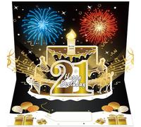 Turypaty 21st Birthday Cards Pop Up 3D Cake - Firework & Music & Blow Out Candle Light Funny Happy 21 Black Gold Birthday Card Gifts for Him, Her, Men, Women, Son, Daughter, Grandson, Boyfriend