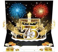 Turypaty 75th Birthday Cards Pop Up 3D Cake - Firework & Music & Blow Out Candle Light Funny Happy 75 Black Gold Birthday Card Gifts for Men, Women, Dad, Mom, Husband, Wife, Grandpa, Grandma