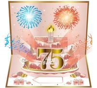 Turypaty 75th Birthday Cards Pop Up 3D Cake - Firework & Music & Blow Out Candle Light Funny - Happy 75 Party Decorations, Pink Gold 75th Birthday Card Gifts for Women, Friends, Mom, Wife, Grandma