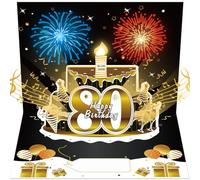 Turypaty 80th Birthday Cards Pop Up 3D Cake - Firework & Music & Blow Out Candle Light Funny Happy 80 Black Gold Birthday Card Gifts for Men, Women, Friends, Boyfriend, Dad, Mom, Husband, Wife