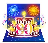Turypaty 80th Birthday Cards Pop Up 3D Cake - Firework & Music & Blow Out Candle Light Funny Happy 80 Navy Blue Birthday Card Gifts for Men, Women, Dad, Mom, Friends, Brother, Husband, Wife, Grandpa