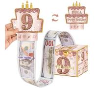 Turypaty 9th Birthday Pull-Out Money Gift Box for Girls - Pink Rose Gold Happy Nine 9th Birthday Party Cash Gift Box with Pull-Out Card - A Fun and Loving Way to Offer Cash Present