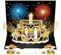 Turypaty Happy 90th Birthday Music Card Gifts Pop Up 3D Cake Firework Light | Happy Birthday Song Music, Blow Out Candle Light, Black Gold Funny 90th Bday Card Gift Party Decor for Men, Women, Dad, Mom