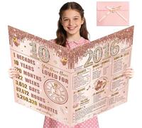Turypaty Large 10th Birthday Card With Envelope for Girls, 2016 Pink Rose Gold Happy 10th Birthday Giant Guest Signature Book Gift, Big Vintage Ten Greeting Card Decoration Party Supply