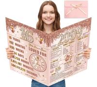 Turypaty Large 16th Birthday Card With Envelope for Girls, Pink Rose Gold The Year 2009 Happy 16th Birthday Giant Guest Signature Book Gift, Extra Big sixteen Greeting Card Decoration Party Supply