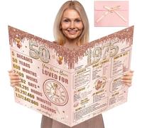 Turypaty Large 50th Birthday Card With Envelope for Women, Pink Rose Gold Back in 1975 Happy 50th Birthday Giant Guest Signature Book Gift, Extra Big Fifty Greeting Card Decoration Party Supply