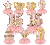 Turypaty Pink Rose Gold 15th Birthday Honeycomb Centerpieces Decorations for Girls, 9Pcs Rose Gold Happy 15th Birthday Table Centerpieces Party Supplies, Fifteen Year Old Birthday Table Toppers Decor