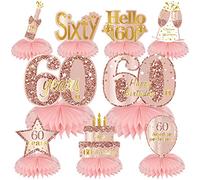 Turypaty Pink Rose Gold 60th Birthday Honeycomb Centerpieces Decorations for Women, 9Pcs Rose Gold Happy 60th Birthday Table Centerpieces Party Supplies, Sixty Year Old Birthday Table Toppers Decor