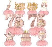 Turypaty Pink Rose Gold 75th Birthday Honeycomb Centerpieces Decorations for Women, 9Pcs Set, 75 Year Old Birthday Table Toppers