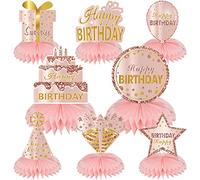 Turypaty Pink Rose Gold Birthday Honeycomb Centerpieces Decorations for Women Girls, 8Pcs Happy Birthday Table Centerpieces Party Supplies, 10th 16th 21st 30th 40th 50th 60th Bday Table Topper Decor