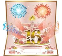 Turypaty Sweet 16th Birthday Cards Pop Up 3D Cake - Firework & Music & Blow Out Candle Light Funny Happy 16 Party Decorations, Pink Gold 16th Birthday Card Gifts for Girls, Friends, Daughter, Grandkid